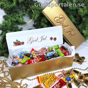 Godislåda Guld med God Jul hälsning. Bara inslaget godis av högsta kvalité. Godisportalen.se