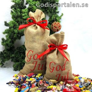 Jutesäck / Julsäck / Godissäck med God jul hälsning och rött band - godisportalen.se