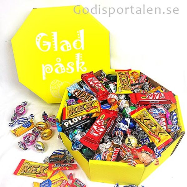 Godislåda Påsk Åttakantig Gul med Glad Påsk Hälsning - godisportalen.se