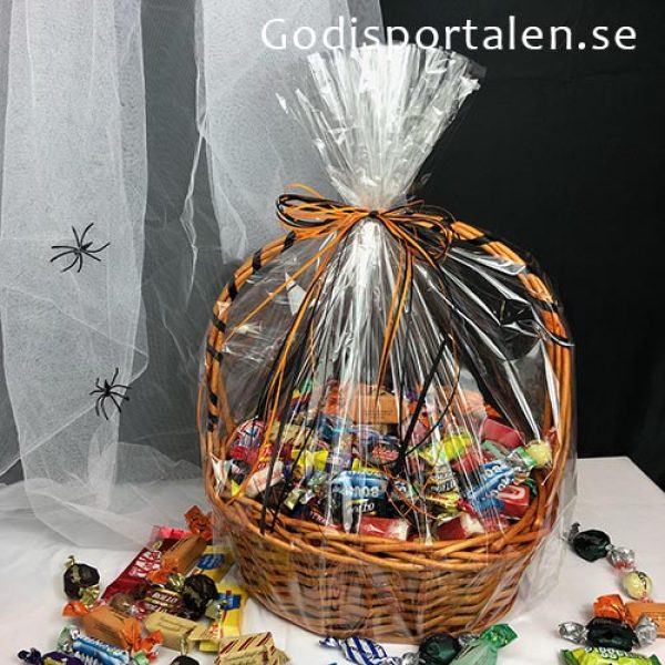 Halloween Godiskorg med bara inslaget GODIS. Passar företag. Inslagen i Cellofan. Orange / Svarta band. 3 kg. Godisportalen.se
