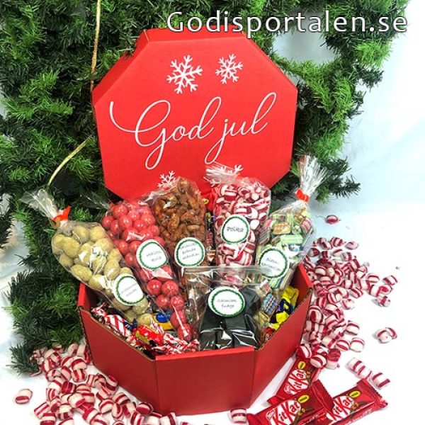 Lyxig jullåda / godislåda röd med god jul hälsning till företag eller vän - Godisportalen.se